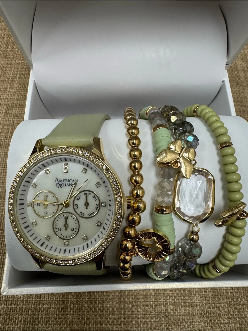 American Exchange Gold Tone Crystal Bezel Watch & Bracelet Set, Green Strap